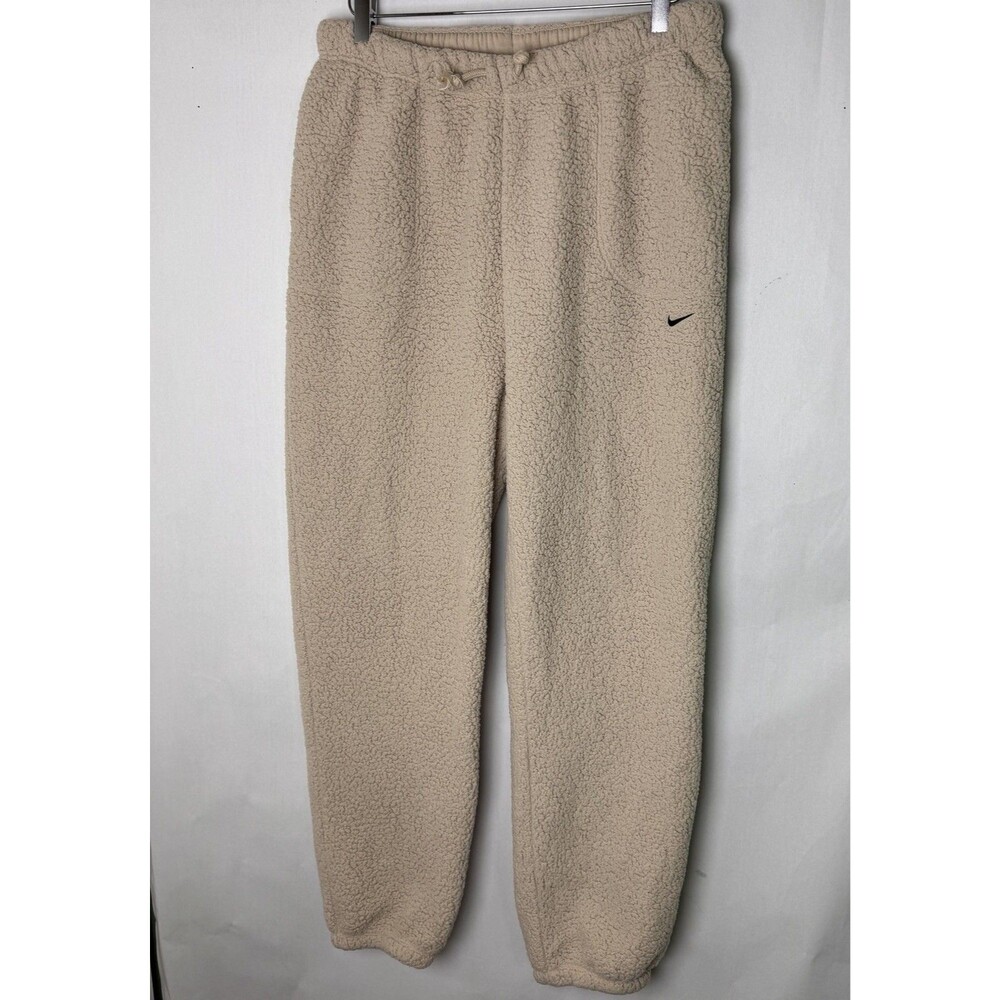 Nike Joggers Pants Mens Large Beige Sherpa Fleece Elastic Waist Pockets Swoosh